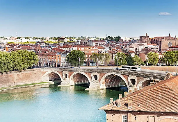 Panorama of Toulouse with Pont Neuf bridge across Garonne river, France